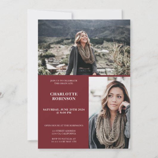 赤い卒業生の台本3枚の写真の卒業 招待状 (裏面)