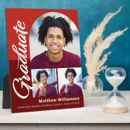 赤い卒業証書の写真3点を大胆なアーチ型のスクリプトでシンプルにデザイン フォトプラーク