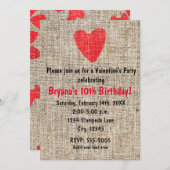 赤い印素朴印ハートBurlapバレンタインパーティー 招待状 (正面/裏面)