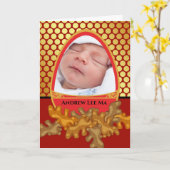 赤い卵と生姜のお祝いベビー、写真の追加 カード (黄色い花)