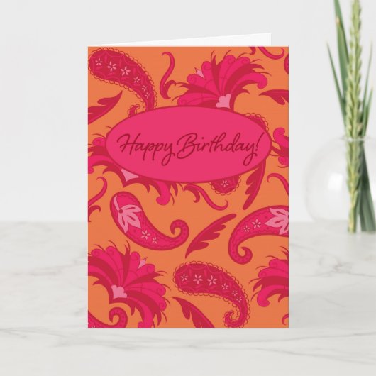 赤い及びオレンジペイズリーのハッピーバースデーの挨拶状 カード (正面)