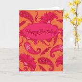 赤い及びオレンジペイズリーのハッピーバースデーの挨拶状 カード (黄色い花)