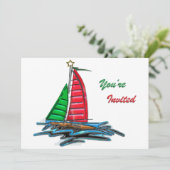 赤い及び緑のクリスマスのヨット 招待状 (スタンド正面)