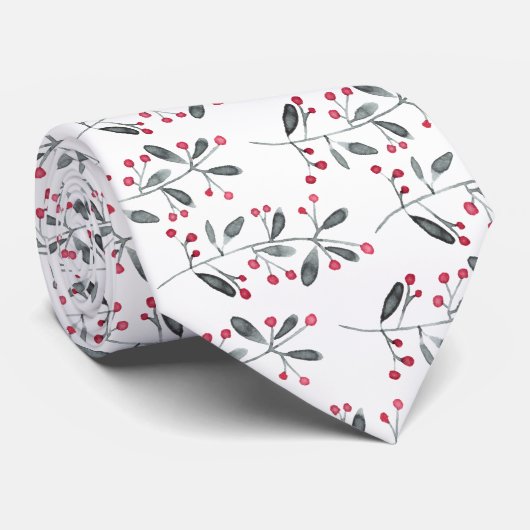 赤い及び緑の水彩画のヒイラギの枝冬休み ネクタイ (ロール)