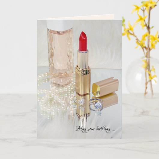 赤い口紅とジュエリー カード (黄色い花)