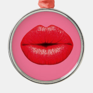 赤い口紅のガーリーなピンクの大きいポップアートの唇 メタルオーナメント