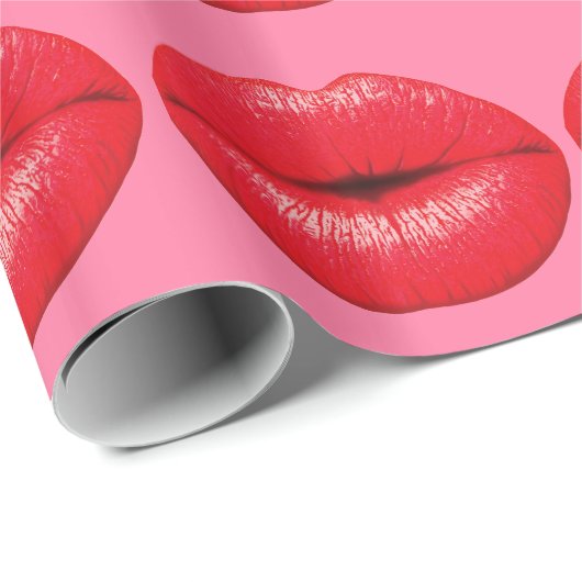 赤い口紅のガーリーなピンクの大きいポップアートの唇 ラッピングペーパー (ロールコーナー)
