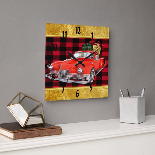 赤い古いタイマーのサンタクロースアンティークヴィンテージカー スクエア壁時計 (オフィス)