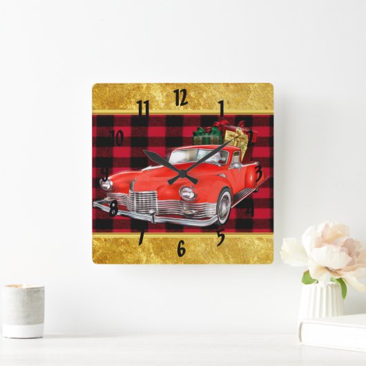 赤い古いタイマーのサンタクロースアンティークヴィンテージカー スクエア壁時計 (ホーム)