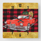 赤い古いタイマーのサンタクロースアンティークヴィンテージカー スクエア壁時計 (正面)