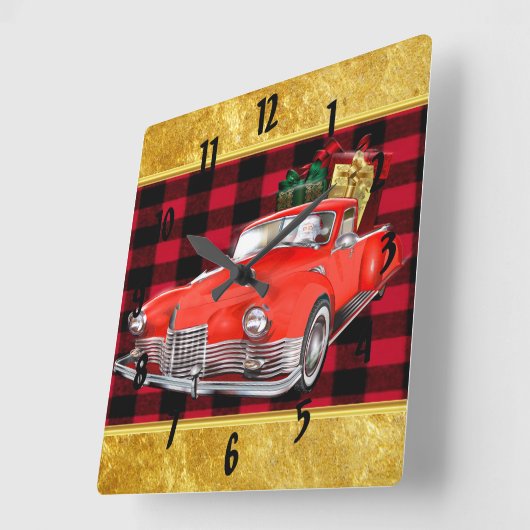 赤い古いタイマーのサンタクロースアンティークヴィンテージカー スクエア壁時計 (傾斜)