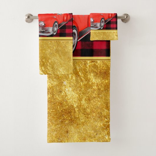 赤い古いタイマーのサンタクロースアンティークヴィンテージカー バスタオルセット (インサイチュ)