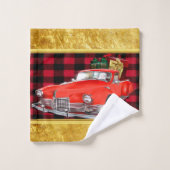 赤い古いタイマーのサンタクロースアンティークヴィンテージカー バスタオルセット (ウォッシュタオル)