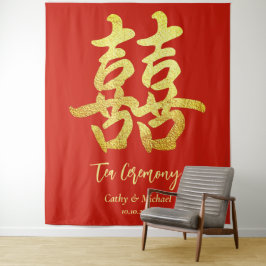 赤い古典的な中国の結婚式の茶道の背景 タペストリー