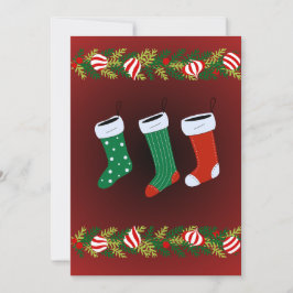 赤い吊るし飾り付きのフライングストッキング ホリデー カードをパーソナライズ シーズンカード