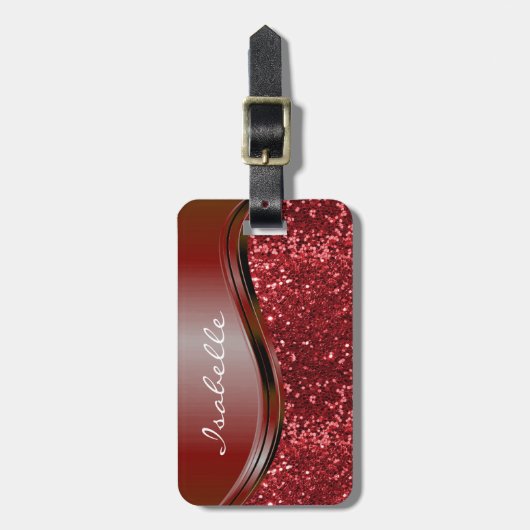 赤い名前フェイクグリッターきらきら光るパーソナライズされた ラゲッジタグ (正面縦)