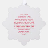 赤い吹雪のドット雪の写真ホリデークリスマス オーナメントカード (裏面)