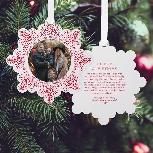 赤い吹雪のドット雪の写真ホリデークリスマス オーナメントカード