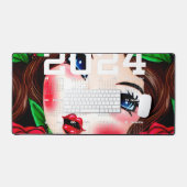 赤い唇と赤いバラのパターン デスクマット (キーボード&マウス)