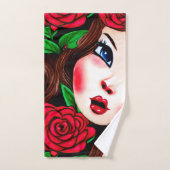 赤い唇と赤いバラのパターン バスタオルセット (ハンドタオル)