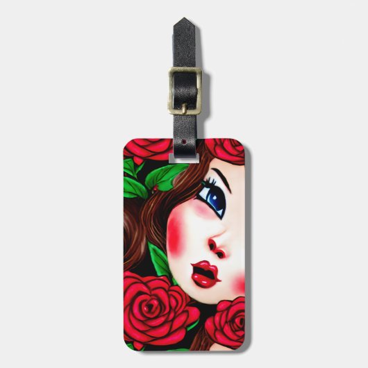 赤い唇と赤いバラのパターン ラゲッジタグ (正面縦)