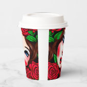 赤い唇と赤いバラのパターン 紙コップ (左)