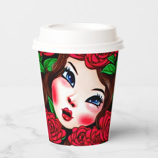 赤い唇と赤いバラのパターン 紙コップ (正面)