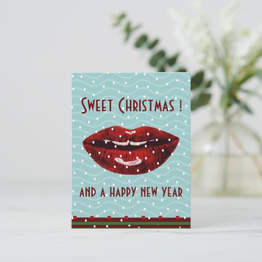 赤い唇の緑のクリスマスの挨拶 シーズンポストカード (スタンド正面)