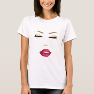 赤い唇を搭載する水彩画の様式化された女性の顔 Tシャツ