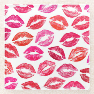 赤い唇セット、白い背景。 ガラスコースター