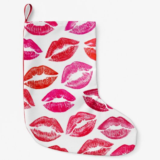 赤い唇セット、白い背景。 スモールクリスマスストッキング (正面)