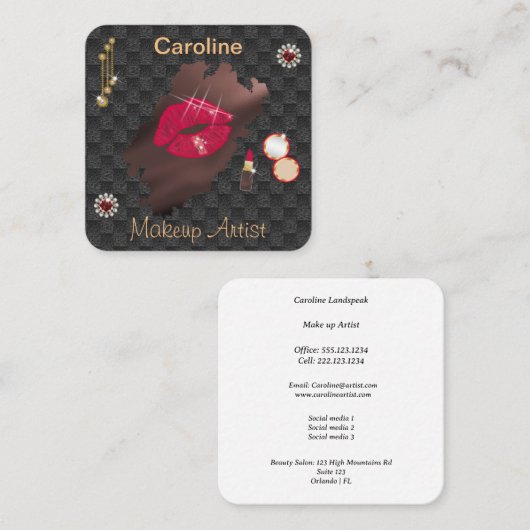 赤い唇メイクアップアーティスト&真珠 スクエア名刺 (正面/裏面)