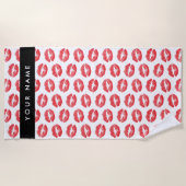 赤い唇，キス，口紅，あなたの名前，パーソナライズ ビーチタオル (正面)