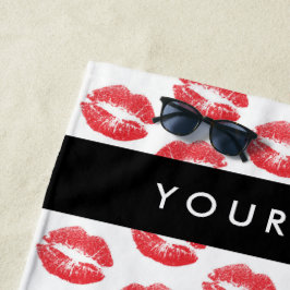 赤い唇，キス，口紅，あなたの名前，パーソナライズ ビーチタオル