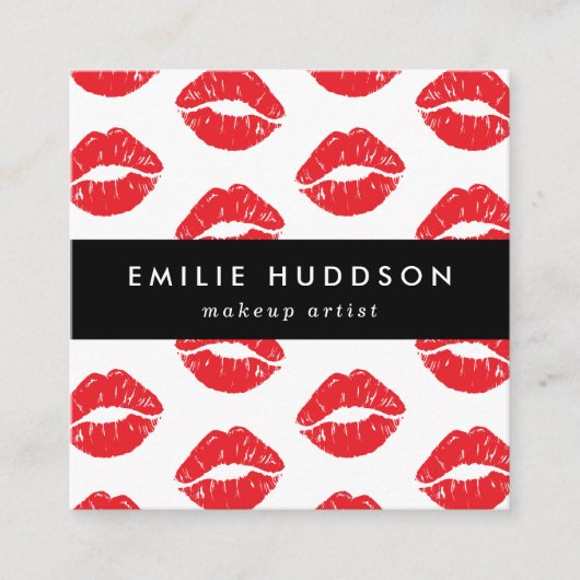 赤い唇、キス、唇のパターン、メイクアップアーティスト スクエア名刺 (正面)