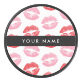 赤い唇，ピンクの唇，キス，あなたの名前，パーソナライズ アイスホッケーパック (正面)