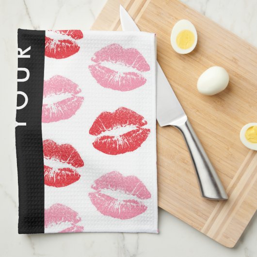 赤い唇,ピンクの唇,キス,あなたの名前,パーソナライズ キッチンタオル (四つ折り)