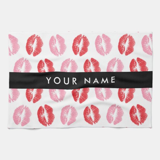 赤い唇,ピンクの唇,キス,あなたの名前,パーソナライズ キッチンタオル (横)