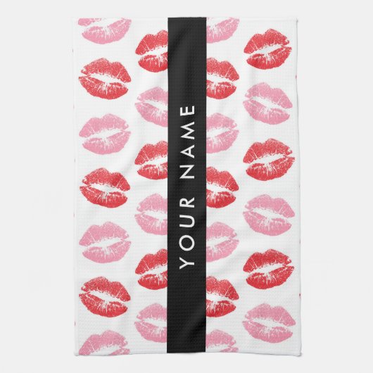 赤い唇,ピンクの唇,キス,あなたの名前,パーソナライズ キッチンタオル (縦)