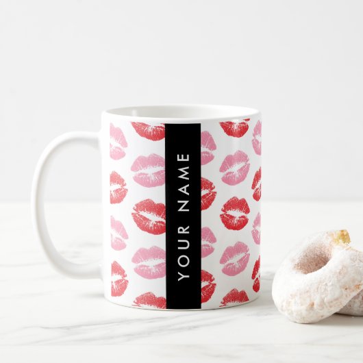 赤い唇,ピンクの唇,キス,あなたの名前,パーソナライズ コーヒーマグカップ (ドーナツ)