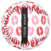赤い唇，ピンクの唇，キス，あなたの名前，パーソナライズ ソフトボール (正面左)