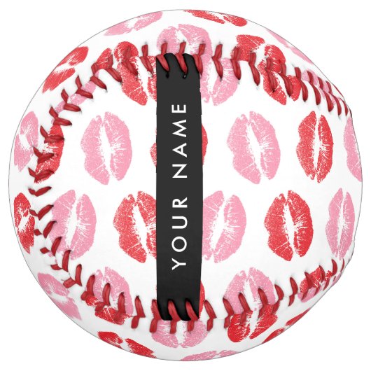 赤い唇，ピンクの唇，キス，あなたの名前，パーソナライズ ソフトボール (正面左)
