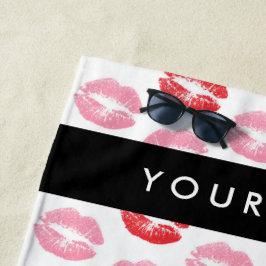 赤い唇，ピンクの唇，キス，あなたの名前，パーソナライズ ビーチタオル