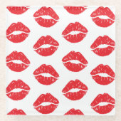 赤い唇、赤い口紅、キス、唇のパターン ガラスコースター (正面)