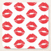 赤い唇、赤い口紅、キス、唇のパターン スクエアペーパーコースター (正面)