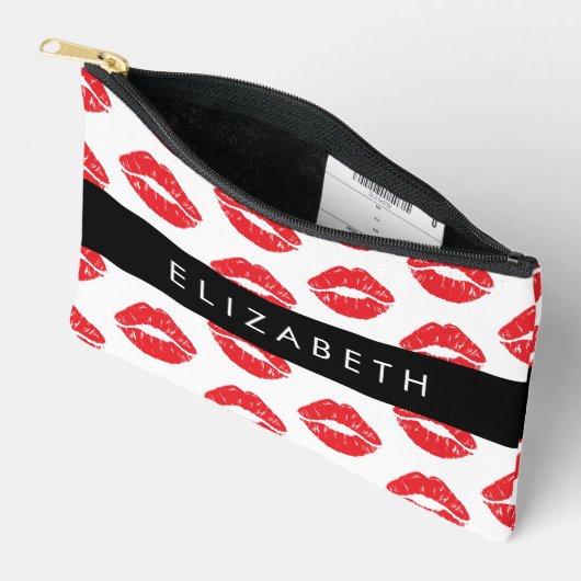 赤い唇、赤い口紅、唇のパターン、あなたの名前 アクセサリーポーチ (見開き)
