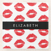 赤い唇、赤い口紅、唇のパターン、あなたの名前 ガラスコースター (正面)