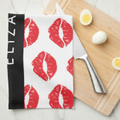 赤い唇、赤い口紅、唇のパターン、あなたの名前 キッチンタオル (四つ折り)