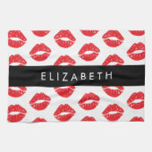 赤い唇、赤い口紅、唇のパターン、あなたの名前 キッチンタオル (横)