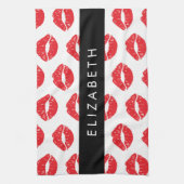 赤い唇、赤い口紅、唇のパターン、あなたの名前 キッチンタオル (縦)